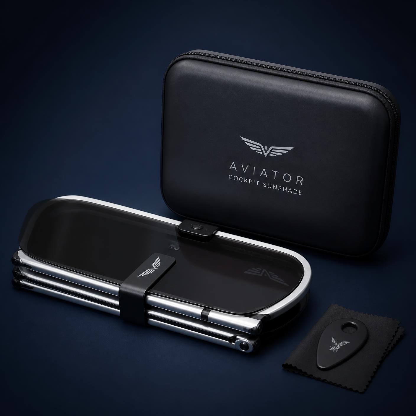 AviationShade cockpit sunshade with case and cleaning tool